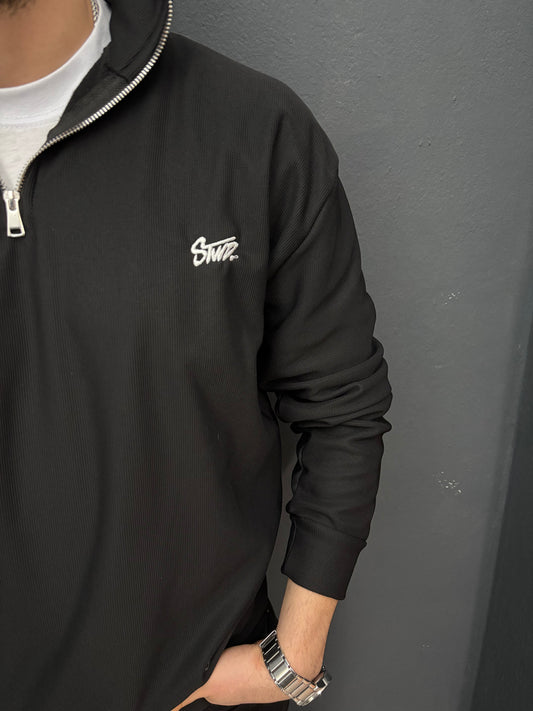 Nakış Detaylı Yarım Fermuarlı Fitilli Sweat Siyah