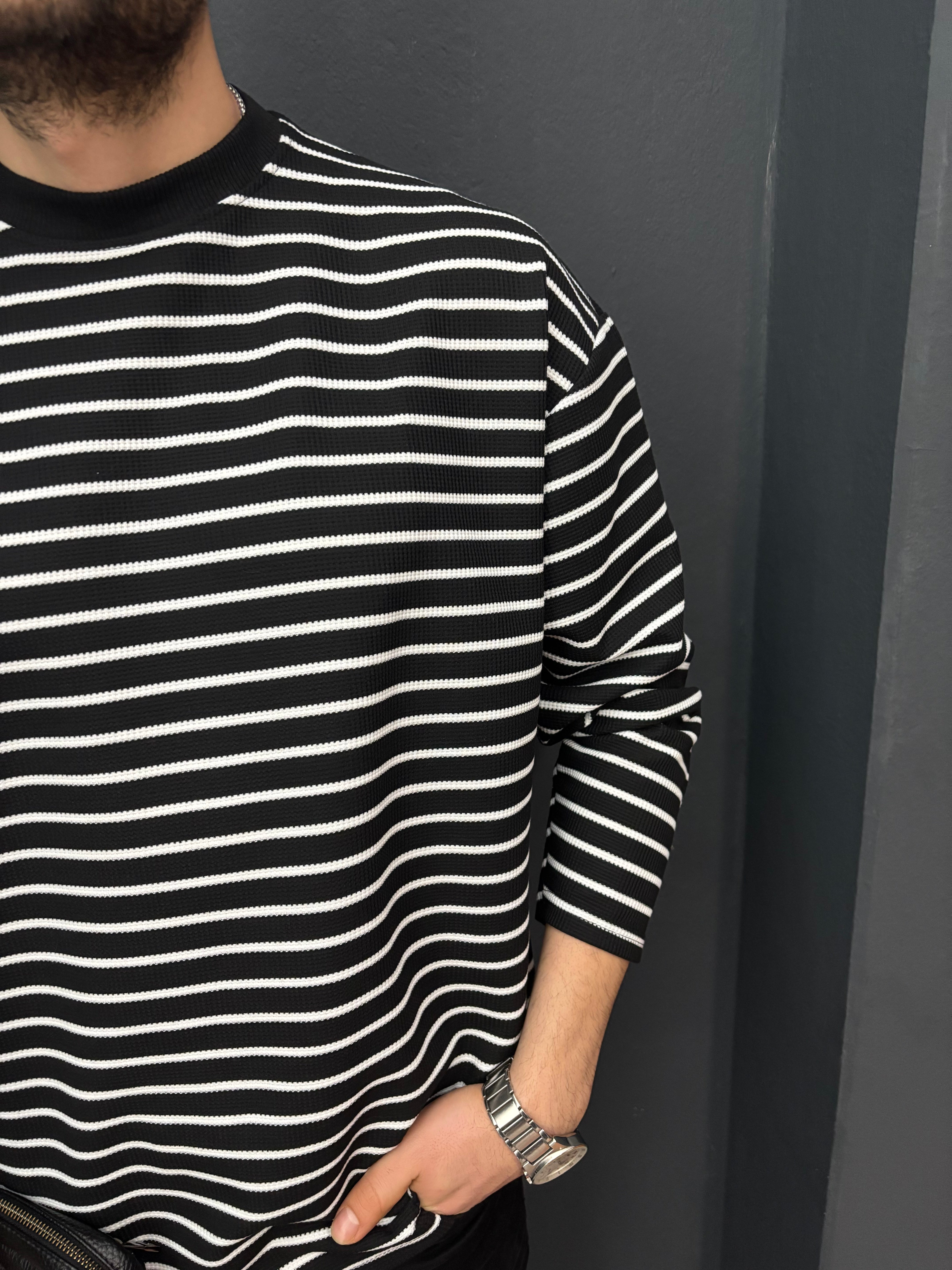 İnce Çizgili Oversize Sweat-1