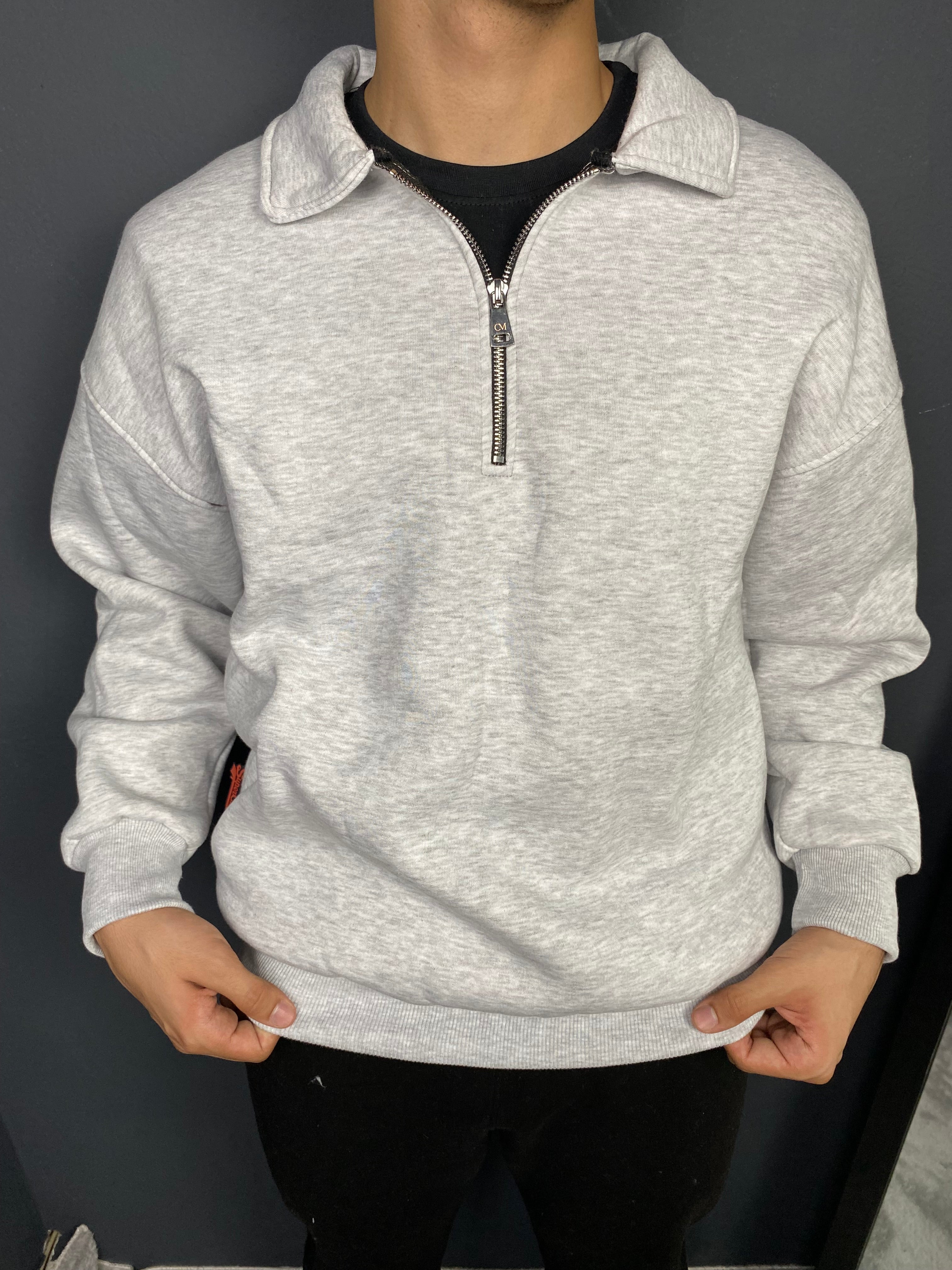 Unisex 3 İplik Yarım Fermuarlı Sweat Gri Melanj