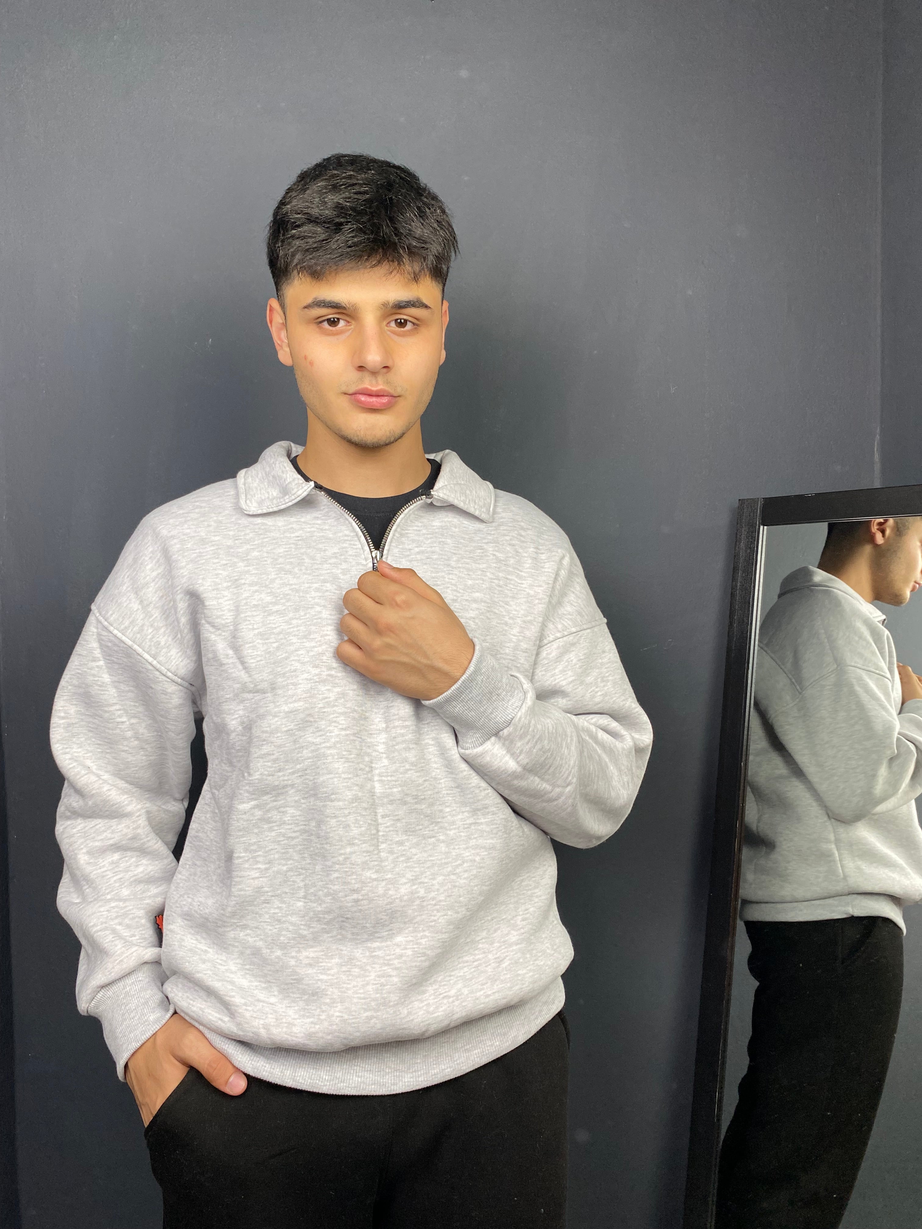 Unisex 3 İplik Yarım Fermuarlı Sweat Gri Melanj