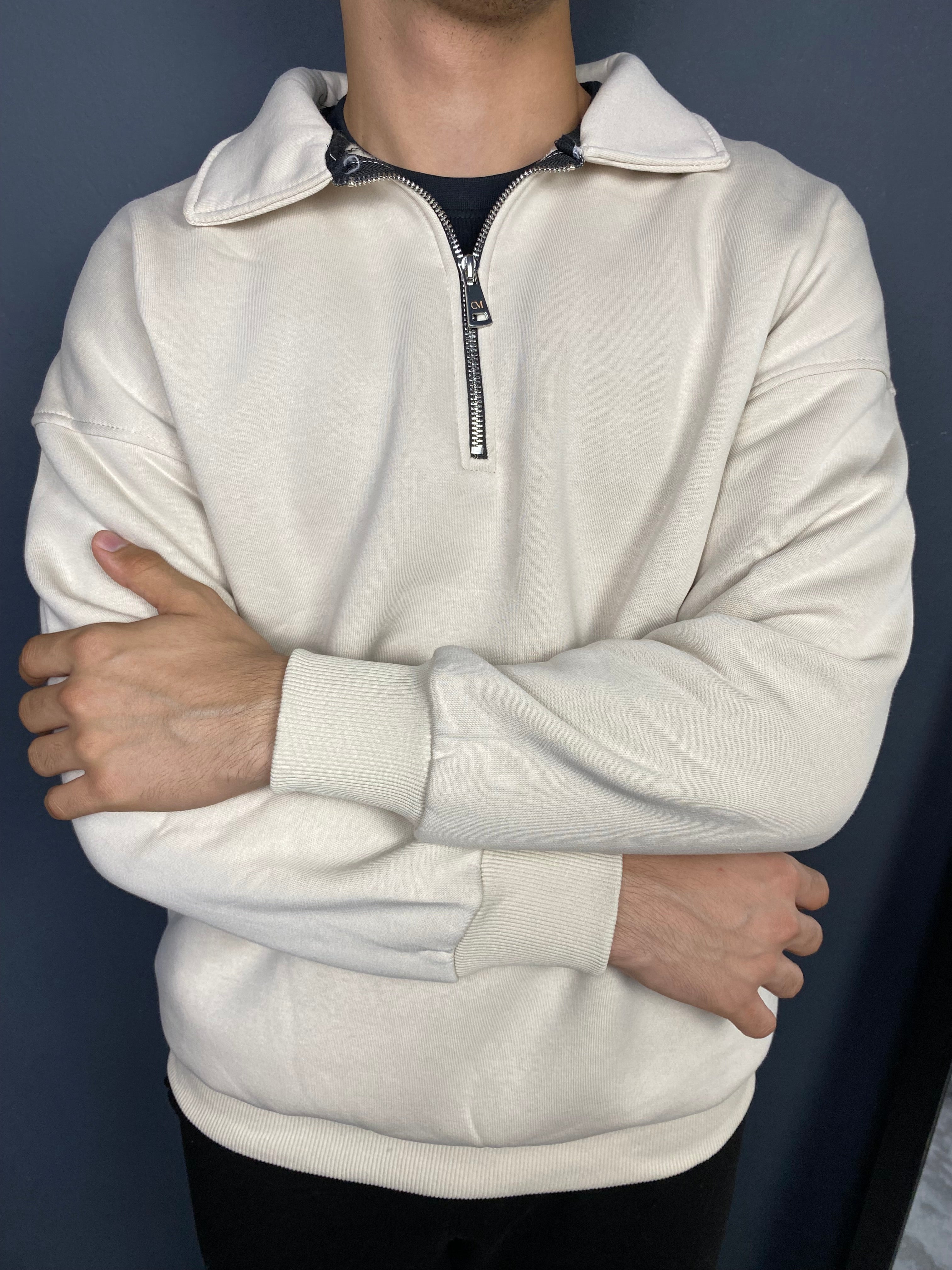 Unisex 3 İplik Yarım Fermuarlı Sweat Beyaz