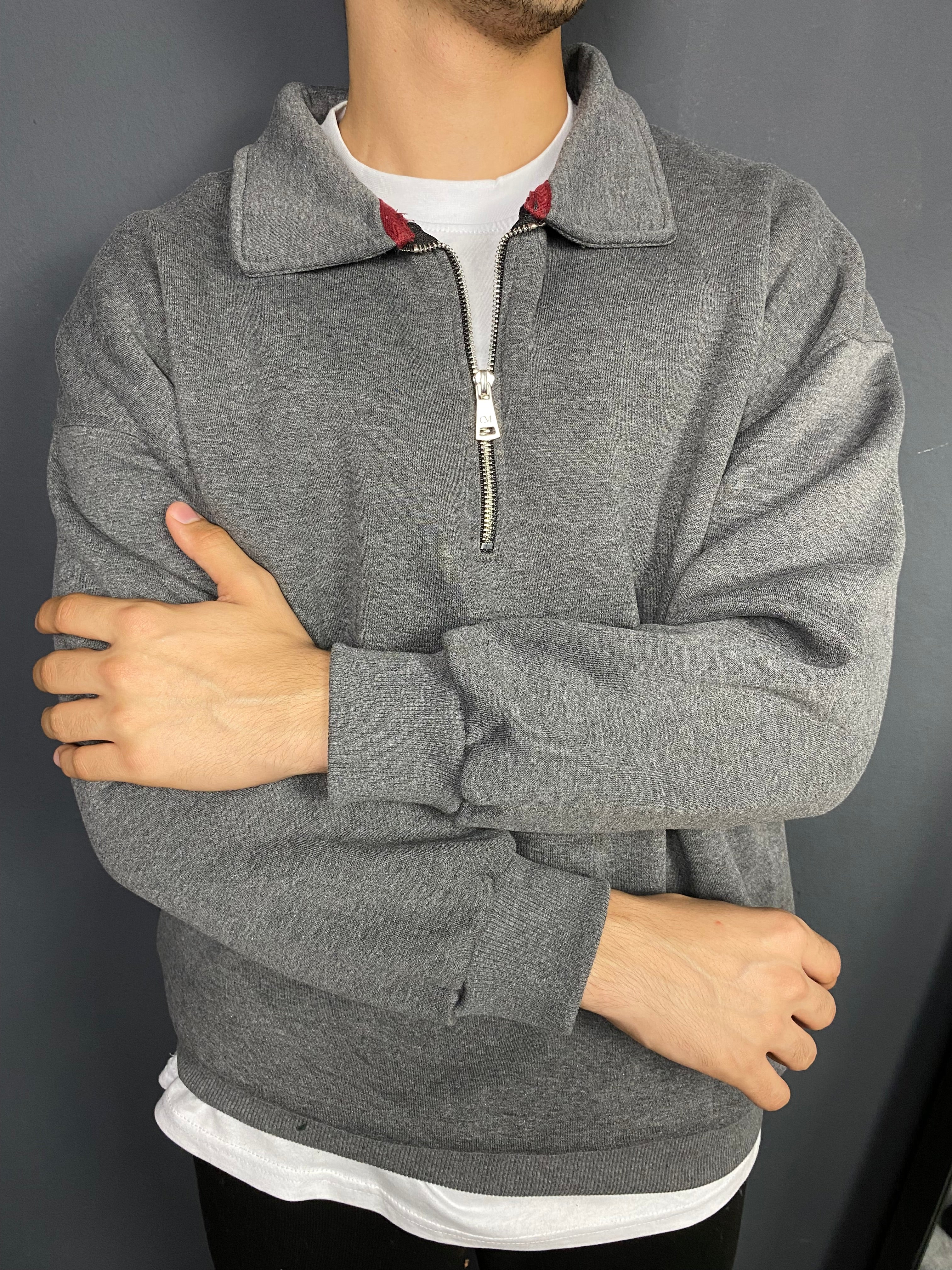 Unisex 3 İplik Yarım Fermuarlı Sweat Koyu Gri