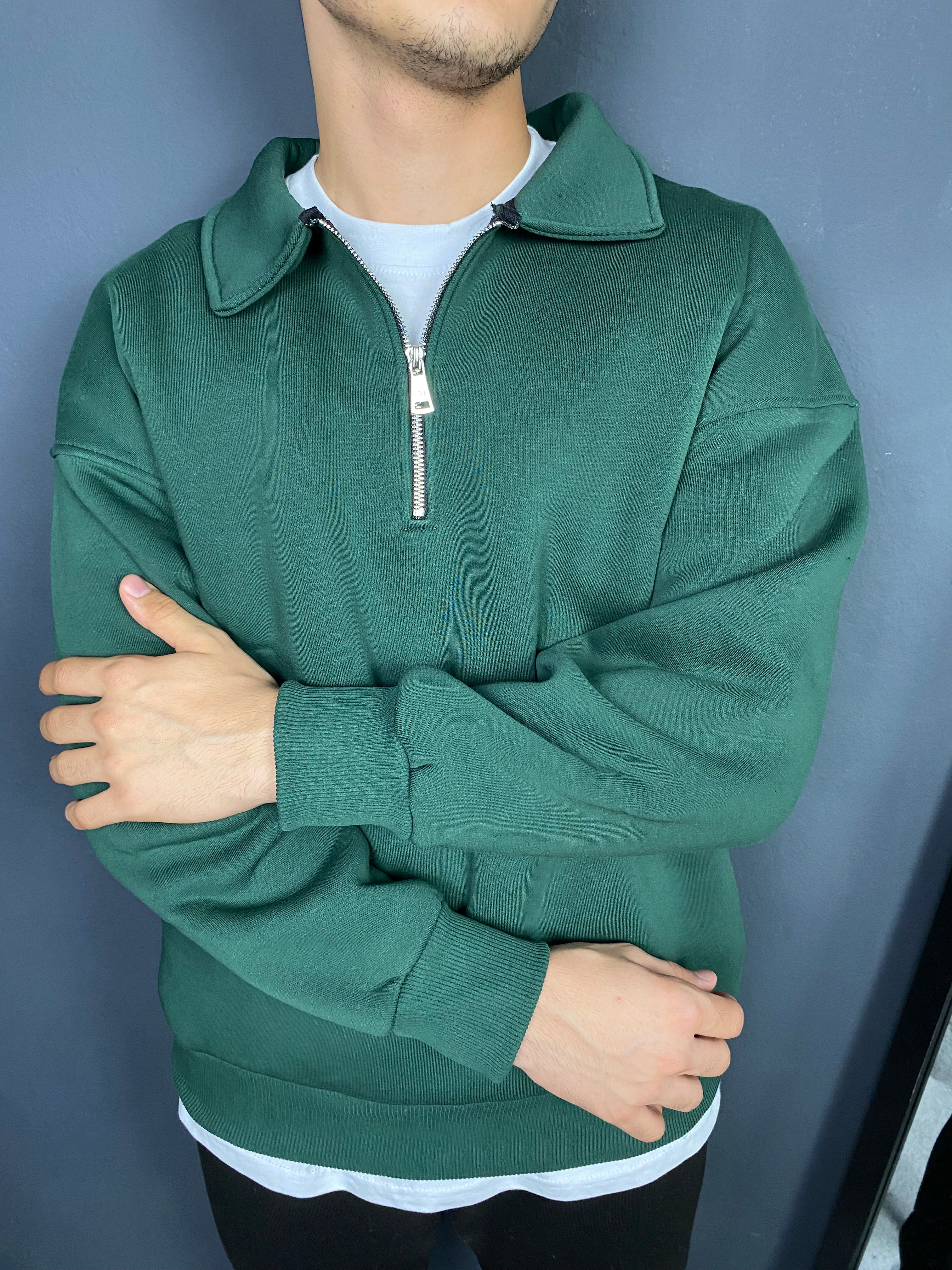 Unisex 3 İplik Yarım Fermuarlı Sweat Haki