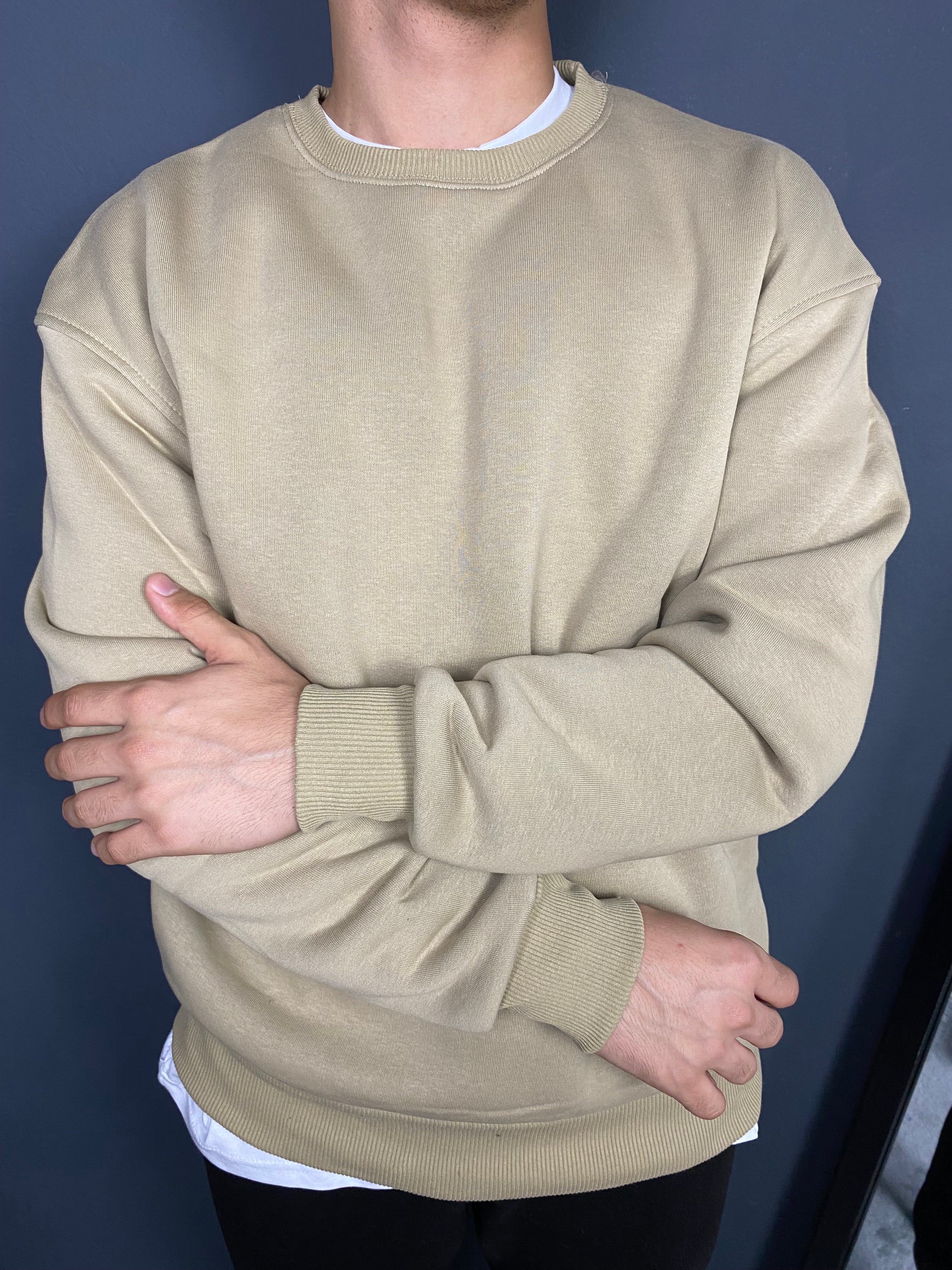 Unisex 3 İplik Bisiklet Yaka Sweat Açık Kahverengi