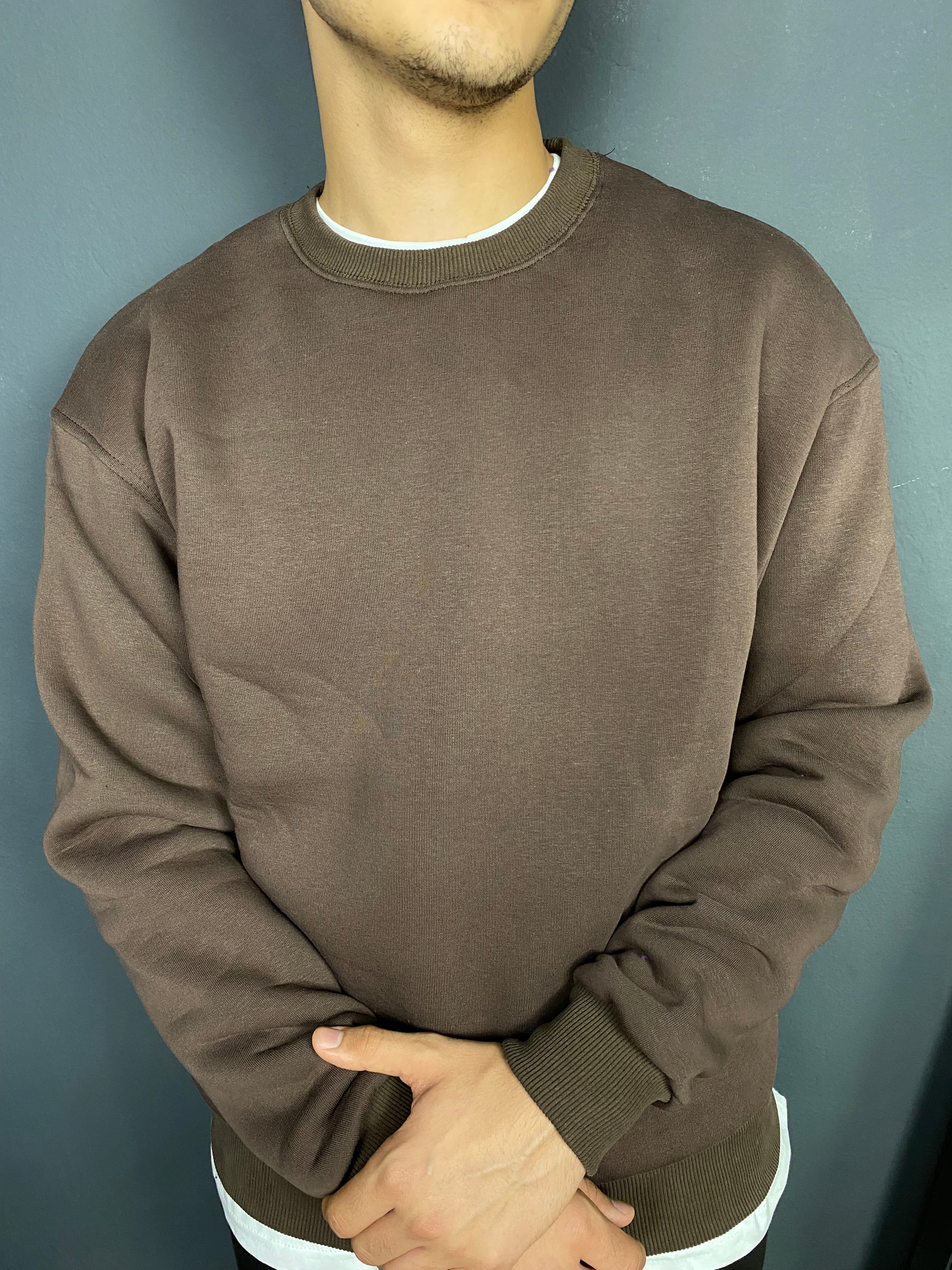 Unisex 3 İplik Bisiklet Yaka Kahverengi (Koyu)