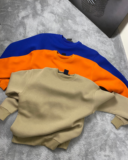 3’lü Oversize Sweat Set - Turuncu Saks Mavi Açık Kahverengi