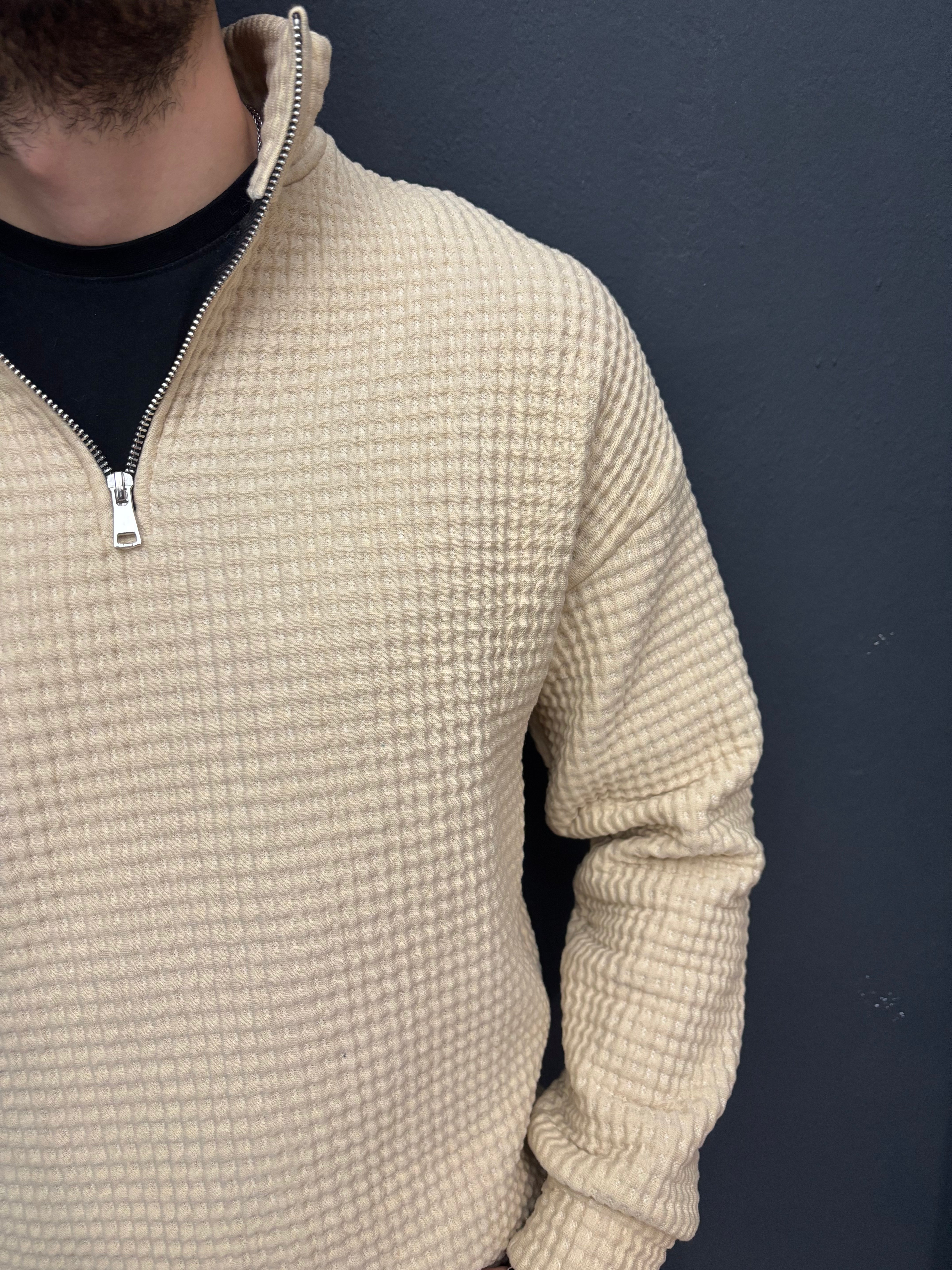 Yarım Fermuarlı Waffle Kumaş Bej