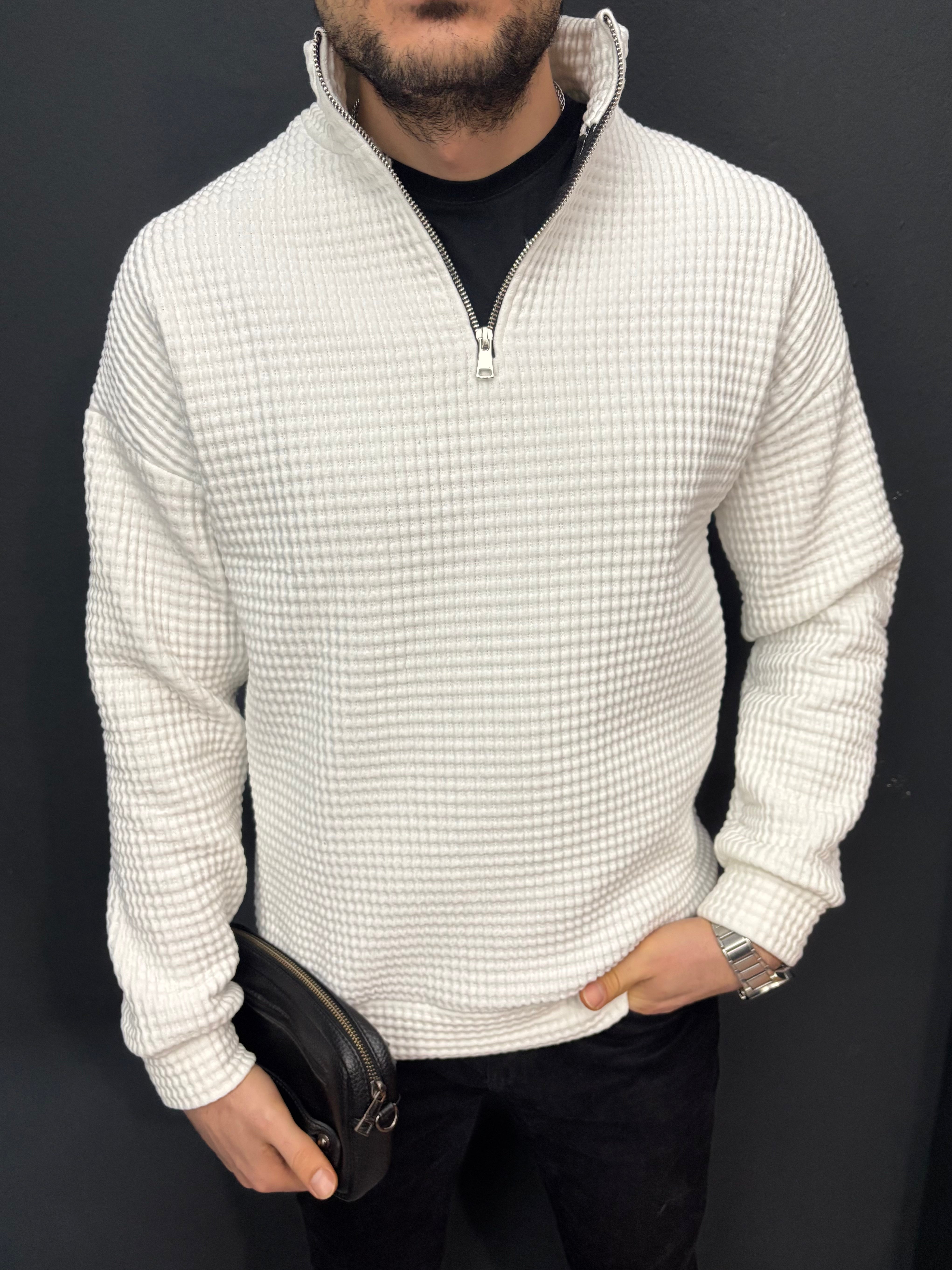 Yarım Fermuarlı Waffle Kumaş Beyaz