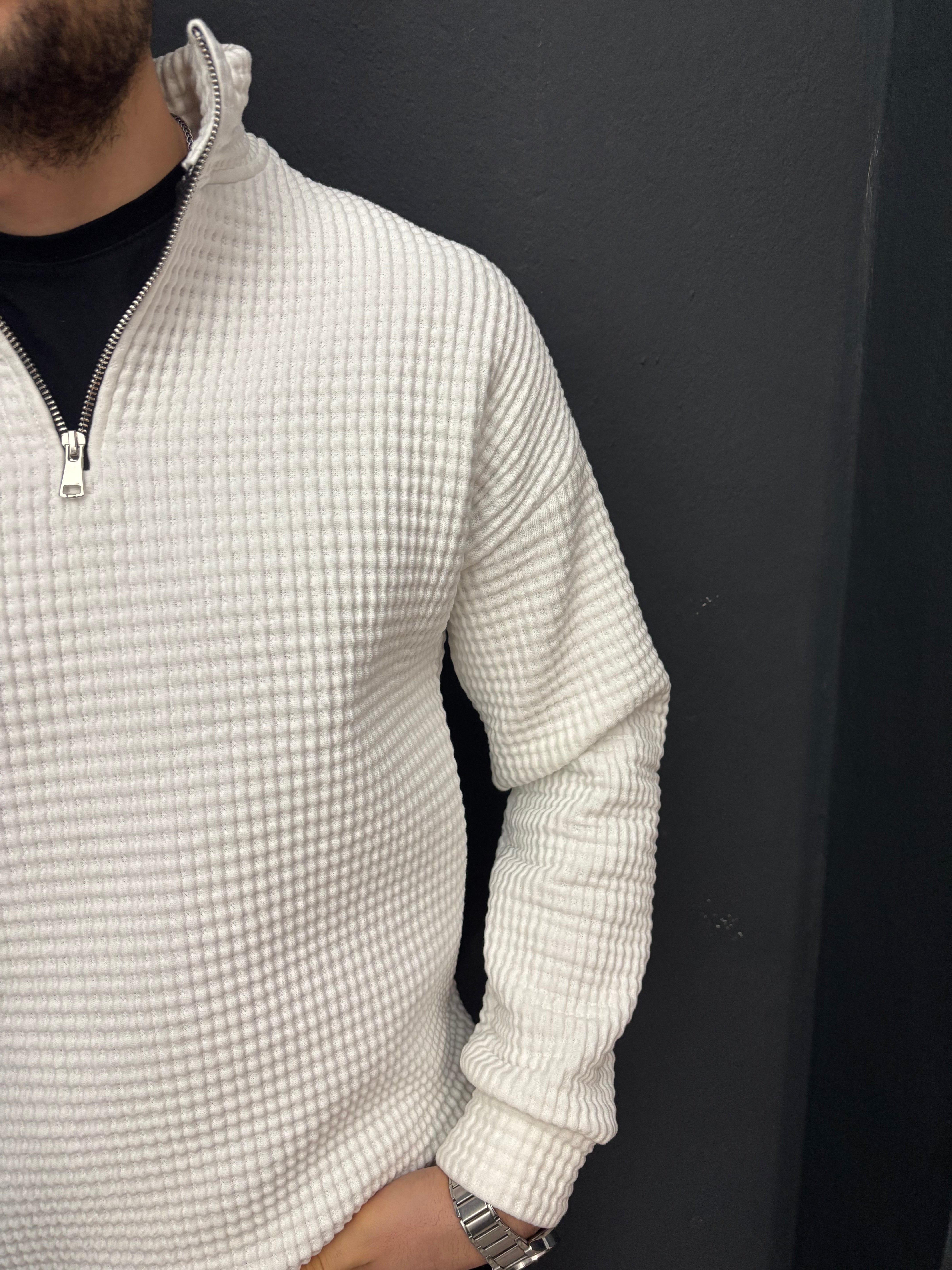 Yarım Fermuarlı Waffle Kumaş Beyaz