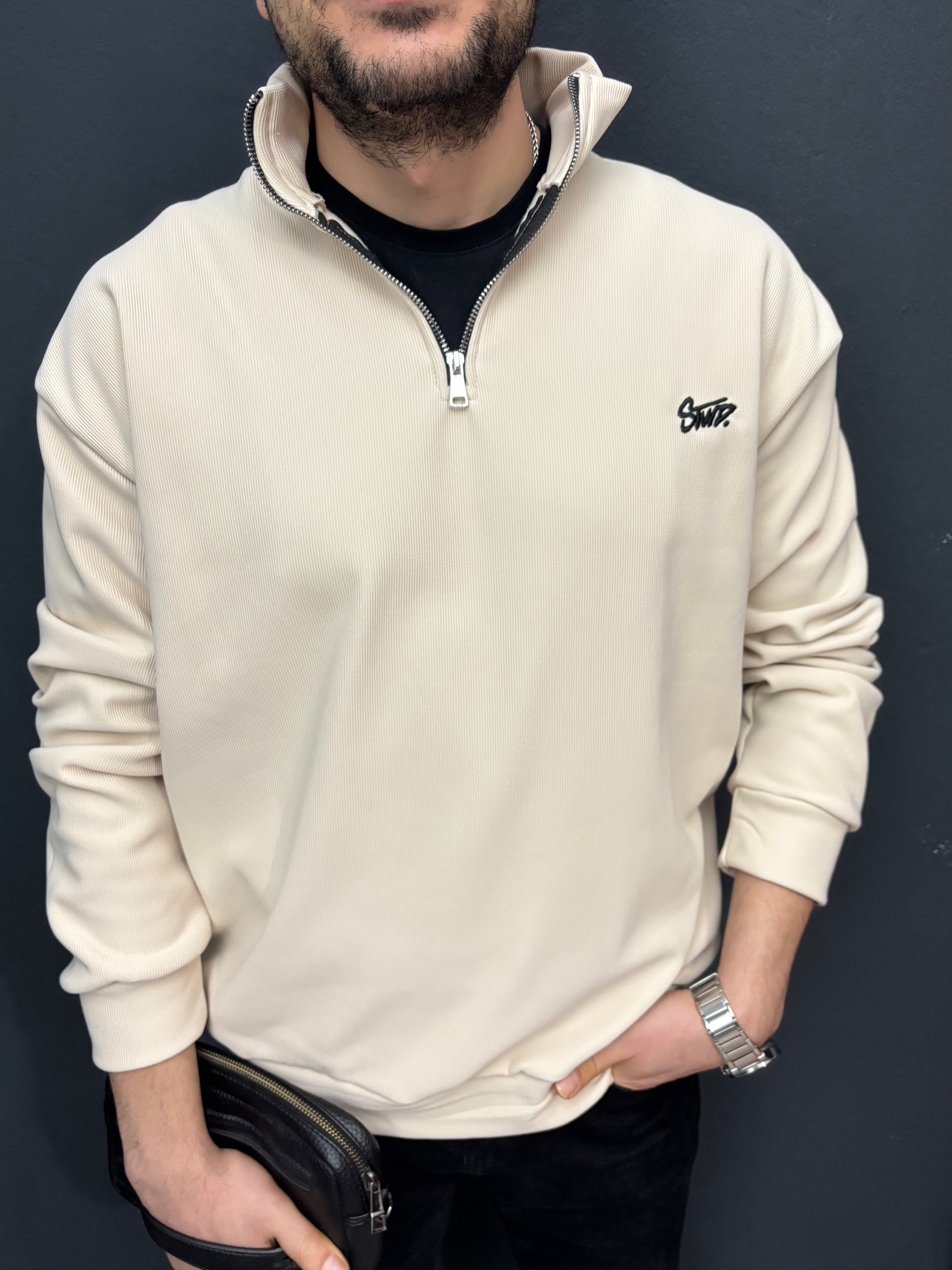 Nakış Detaylı Yarım Fermuarlı Fitilli Sweat Bej