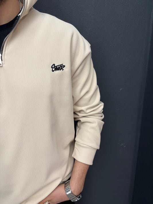 Nakış Detaylı Yarım Fermuarlı Fitilli Sweat Bej