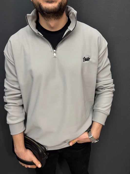 Nakış Detaylı Yarım Fermuarlı Fitilli Sweat Füme
