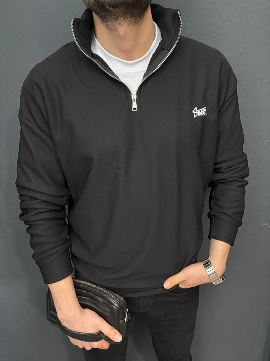 Nakış Detaylı Yarım Fermuarlı Fitilli Sweat Siyah