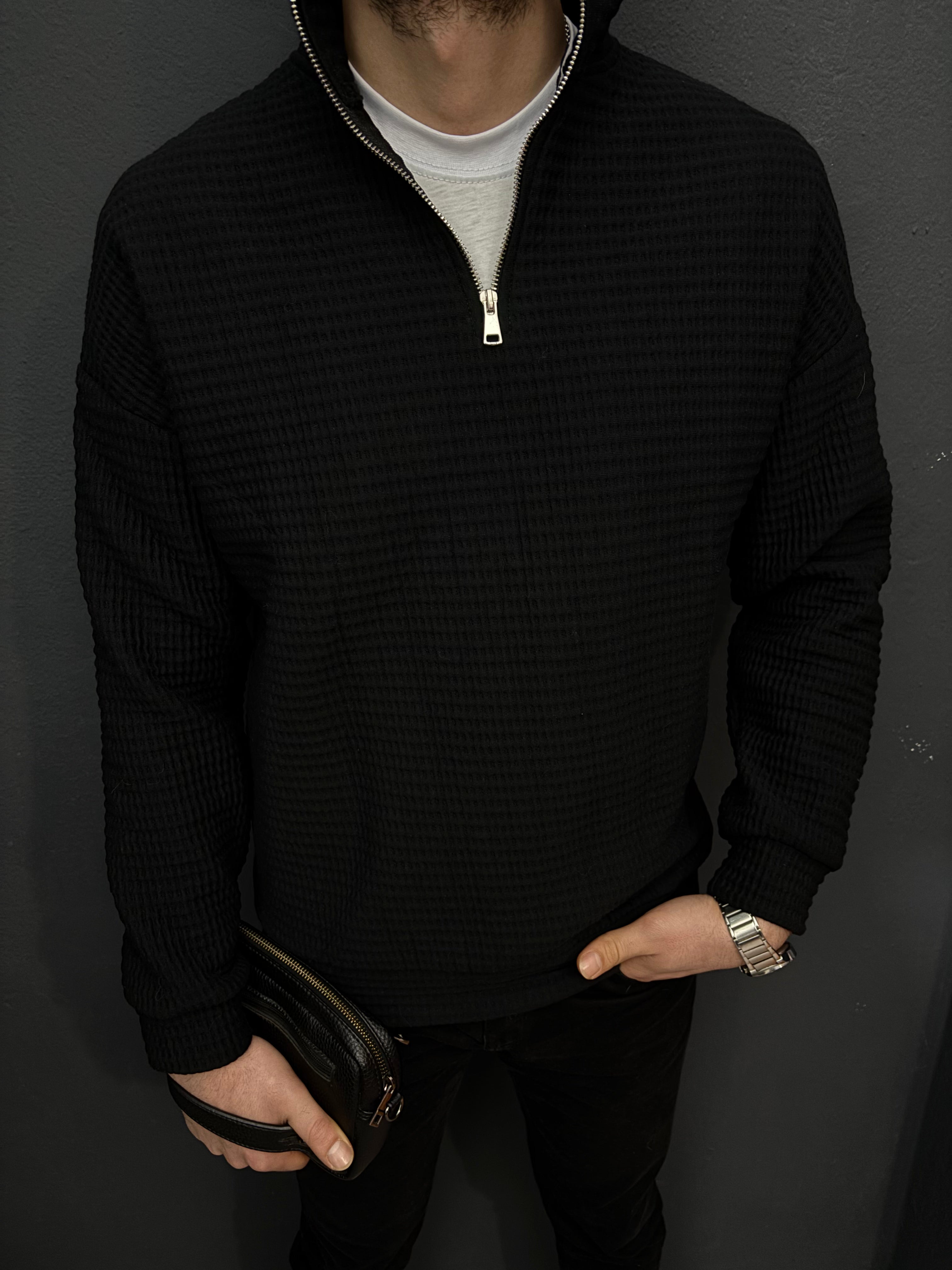 Yarım Fermuarlı Waffle Kumaş Siyah