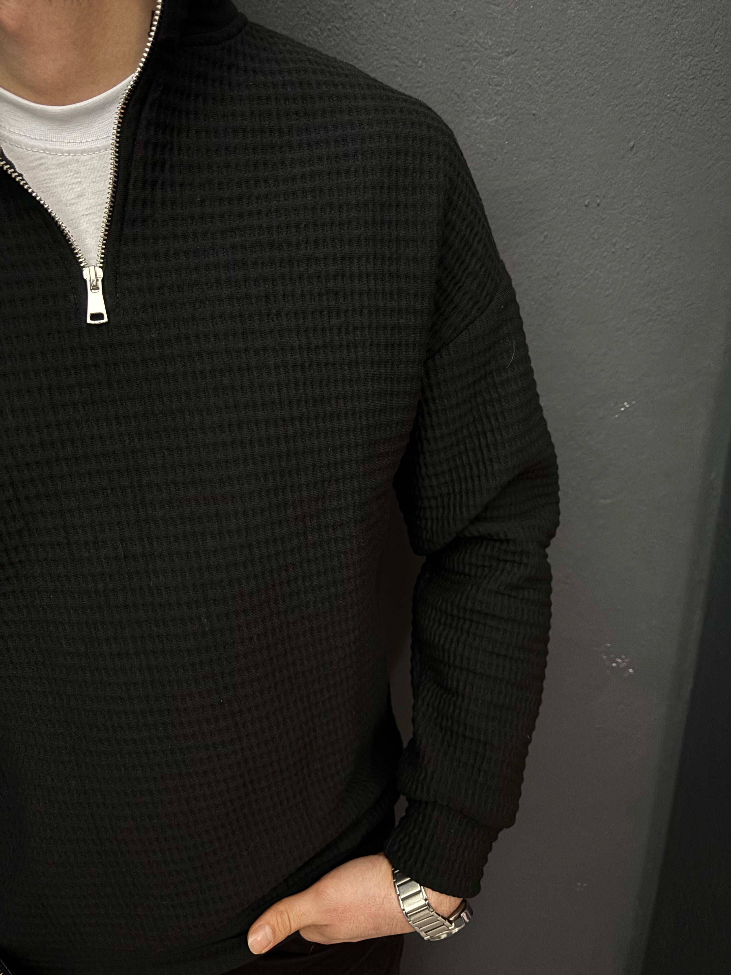 Yarım Fermuarlı Waffle Kumaş Siyah