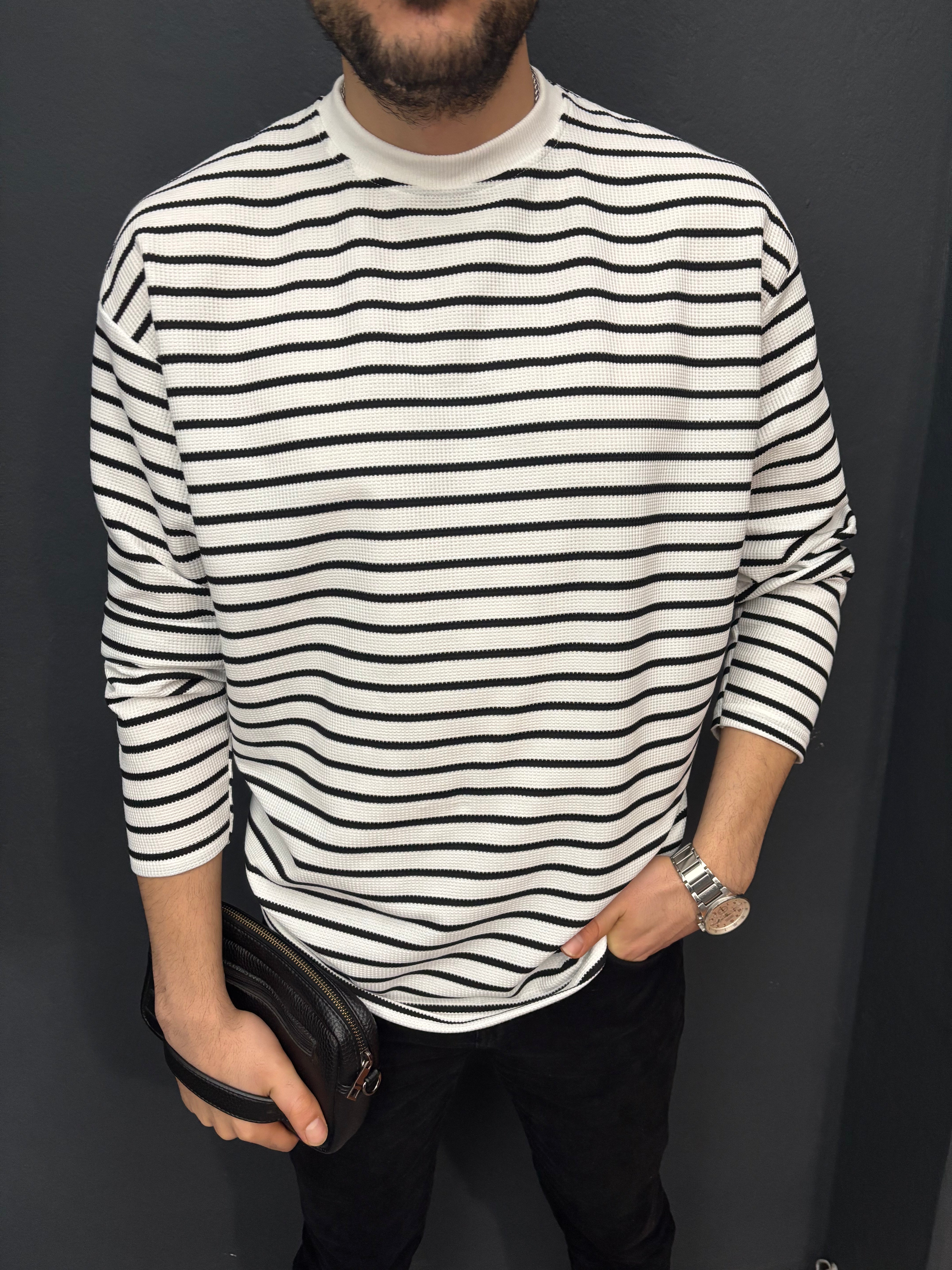 İnce Çizgili Oversize Sweat