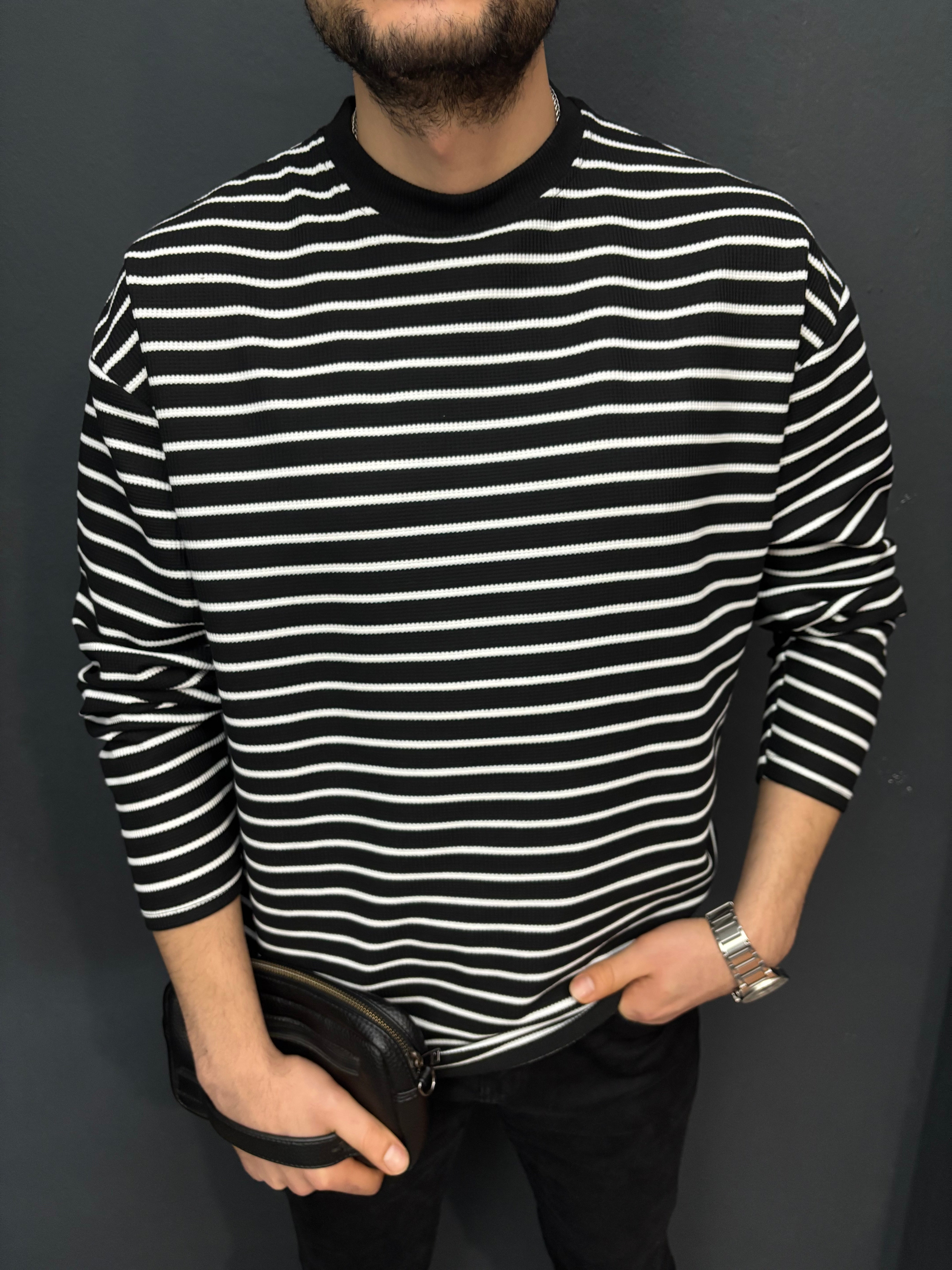 İnce Çizgili Oversize Sweat-1