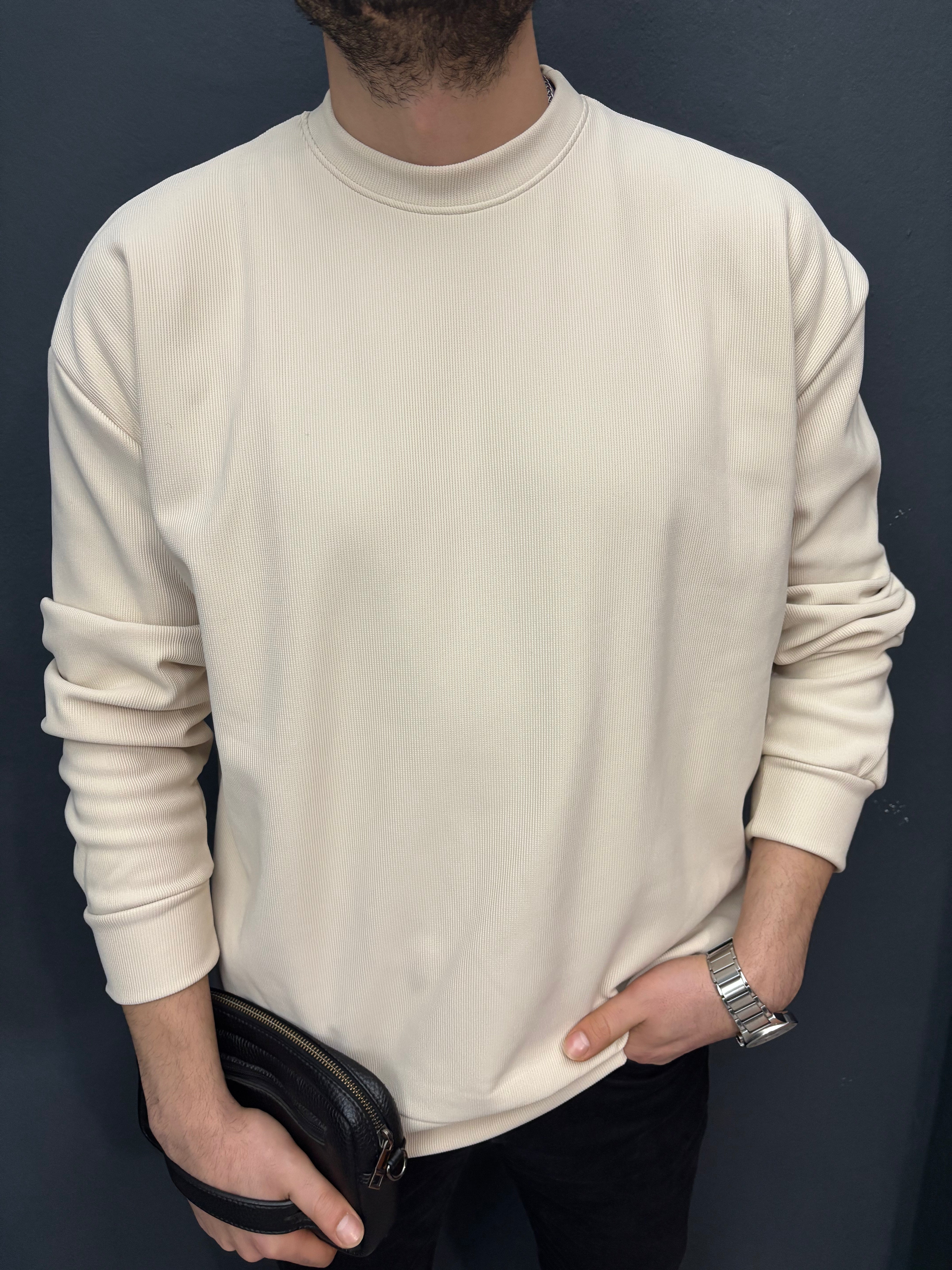 Düz Fitilli Oversize Sweat Bej