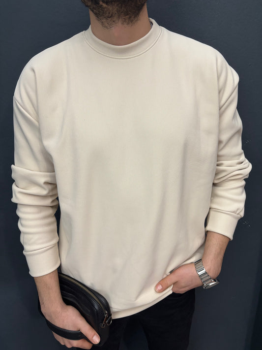 Düz Fitilli Oversize Sweat Bej