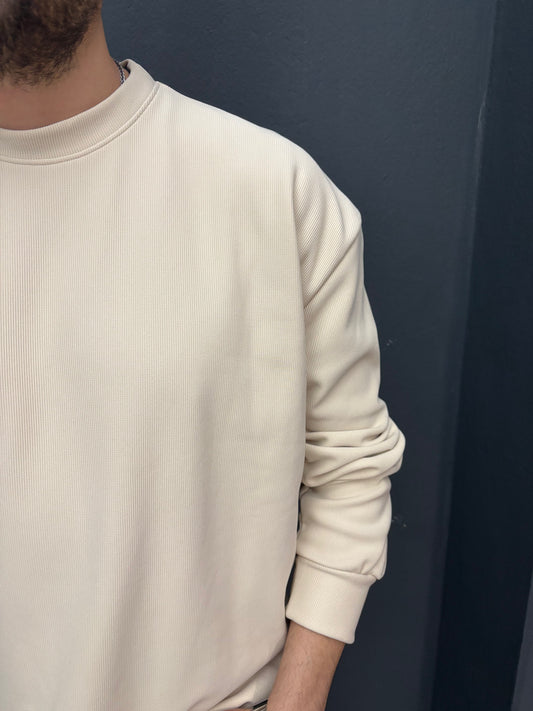 Düz Fitilli Oversize Sweat Bej