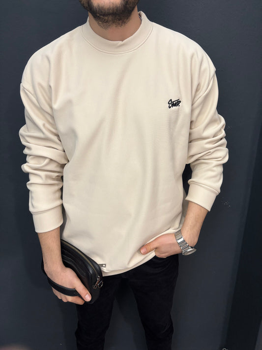 Nakış Detaylı Fitilli Oversize Sweat Bej