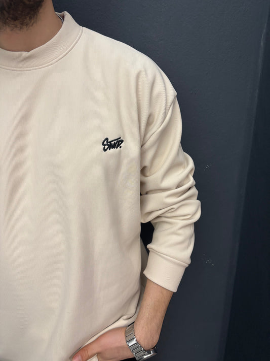 Nakış Detaylı Fitilli Oversize Sweat Bej