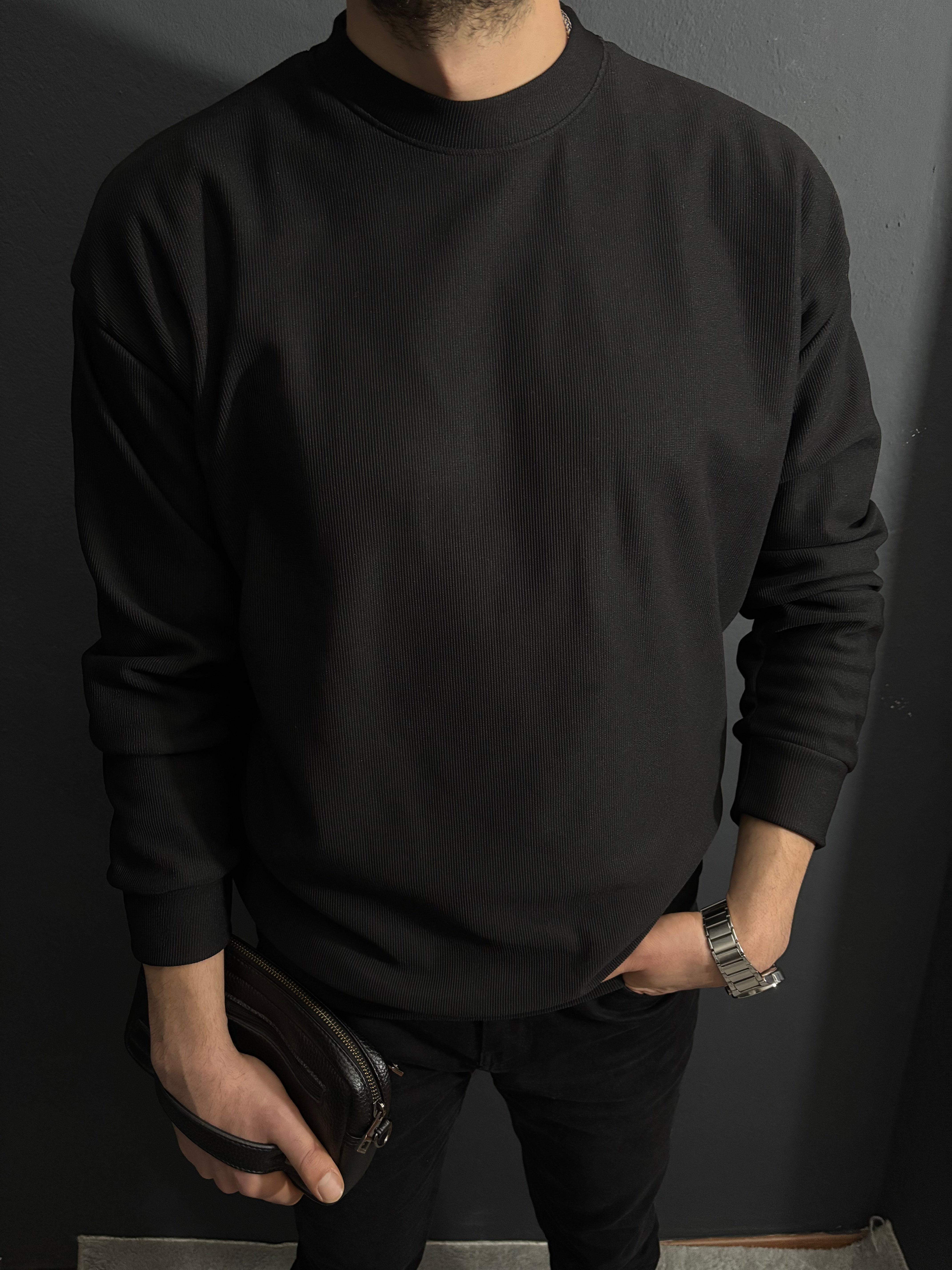 Düz Fitilli Oversize Sweat Siyah