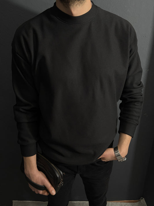 Düz Fitilli Oversize Sweat Siyah