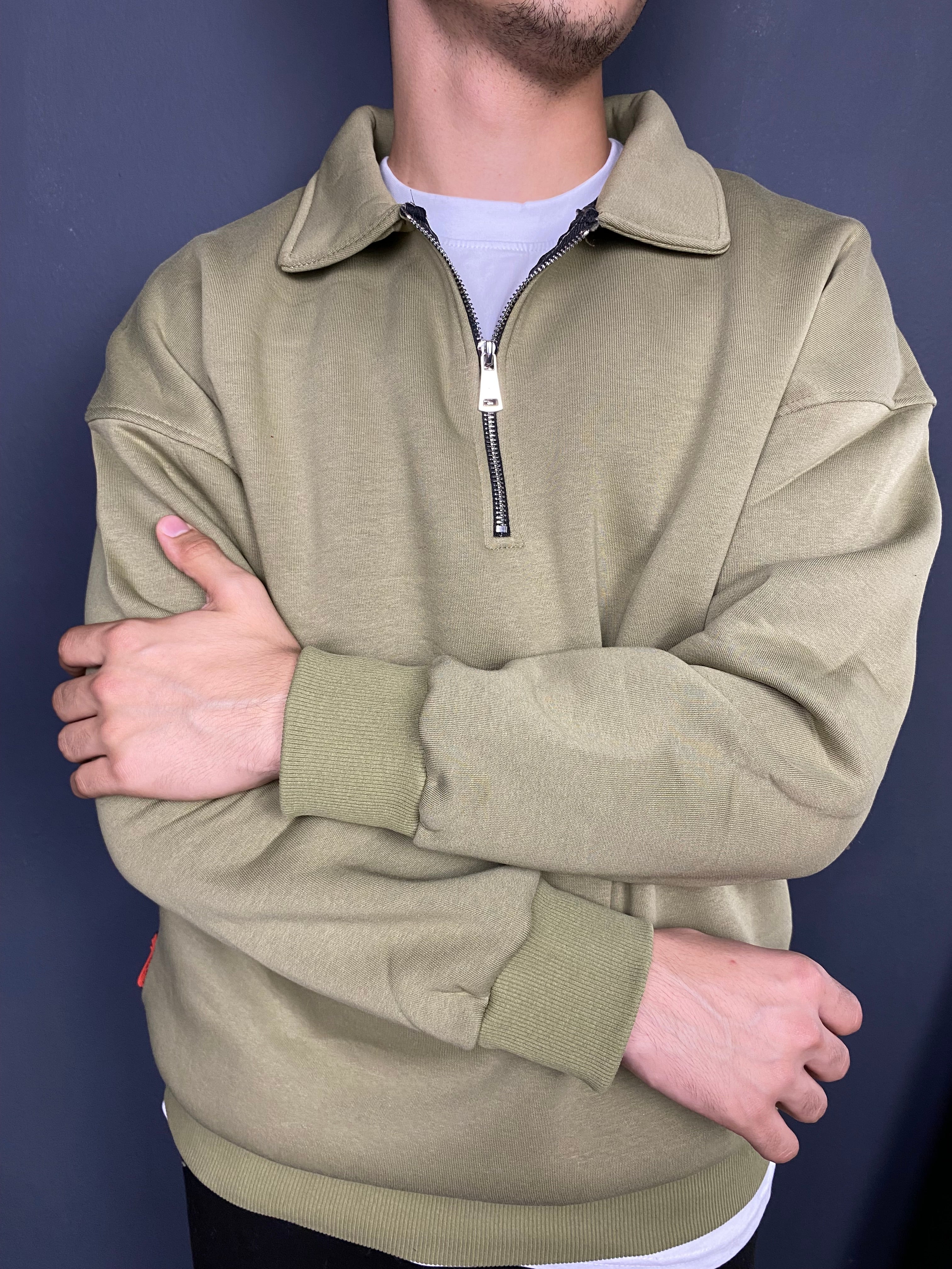 Unisex 3 İplik Yarım Fermuarlı Sweat Haki