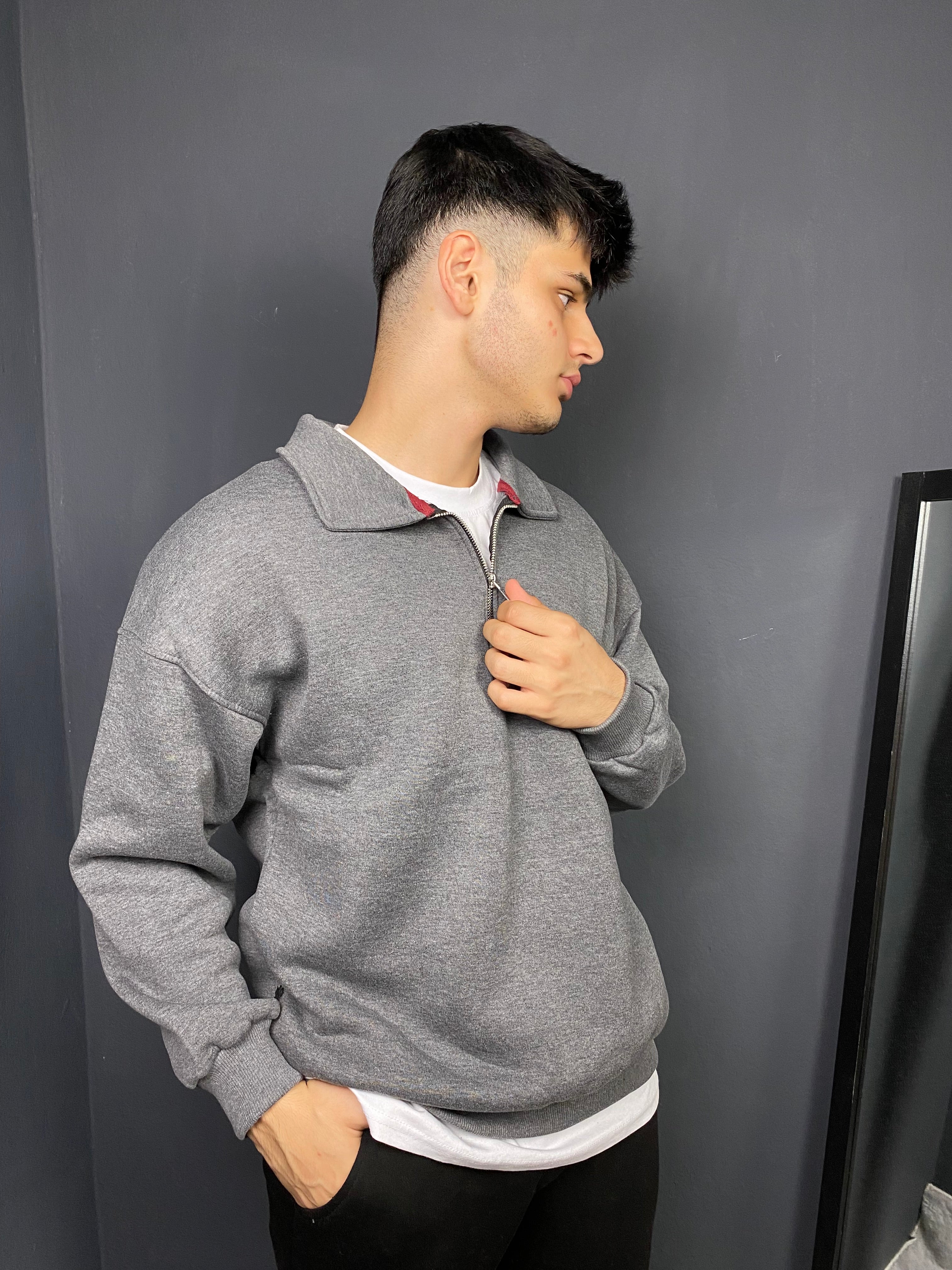 Unisex 3 İplik Yarım Fermuarlı Sweat Koyu Gri