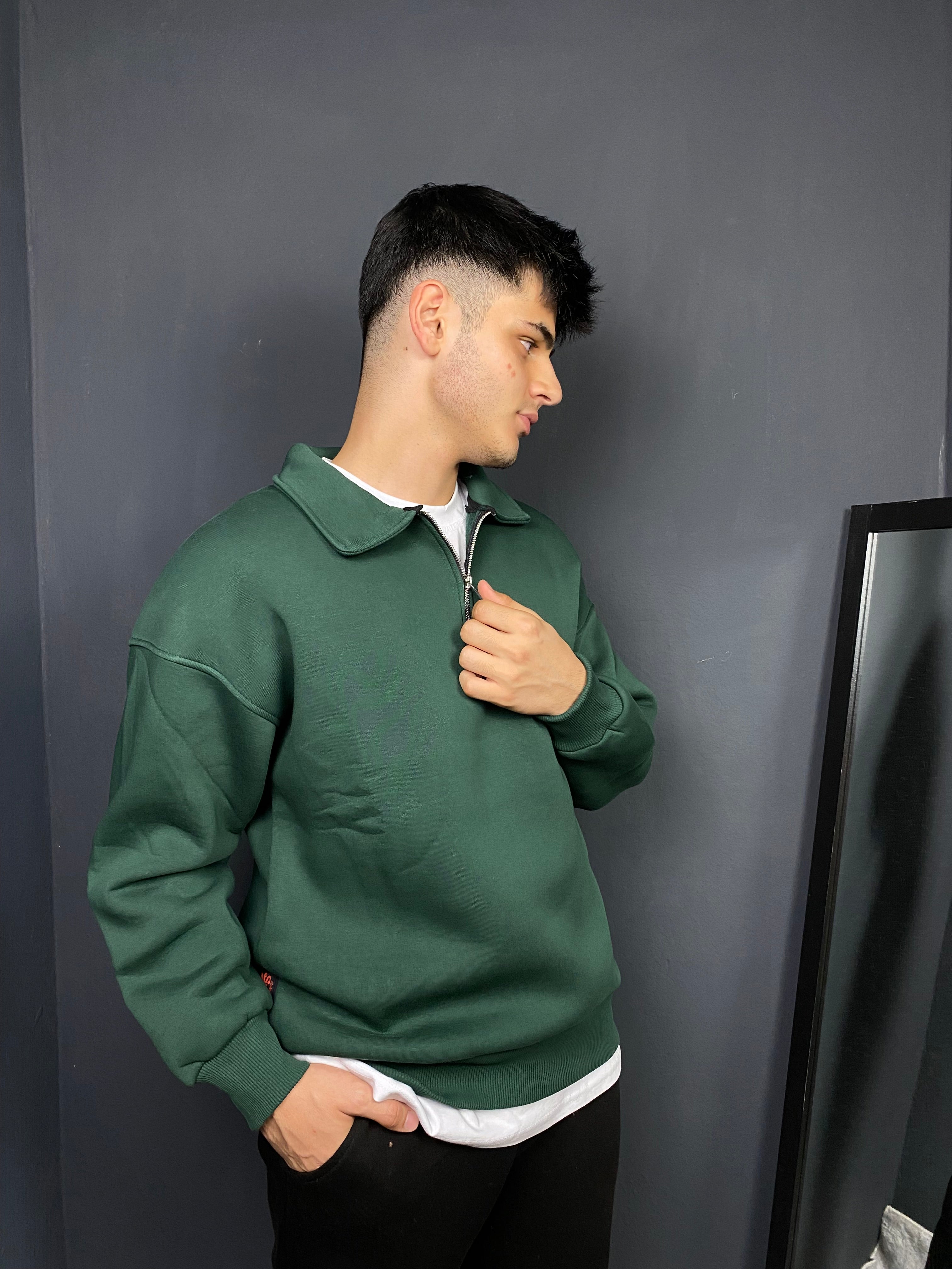 Unisex 3 İplik Yarım Fermuarlı Sweat Haki
