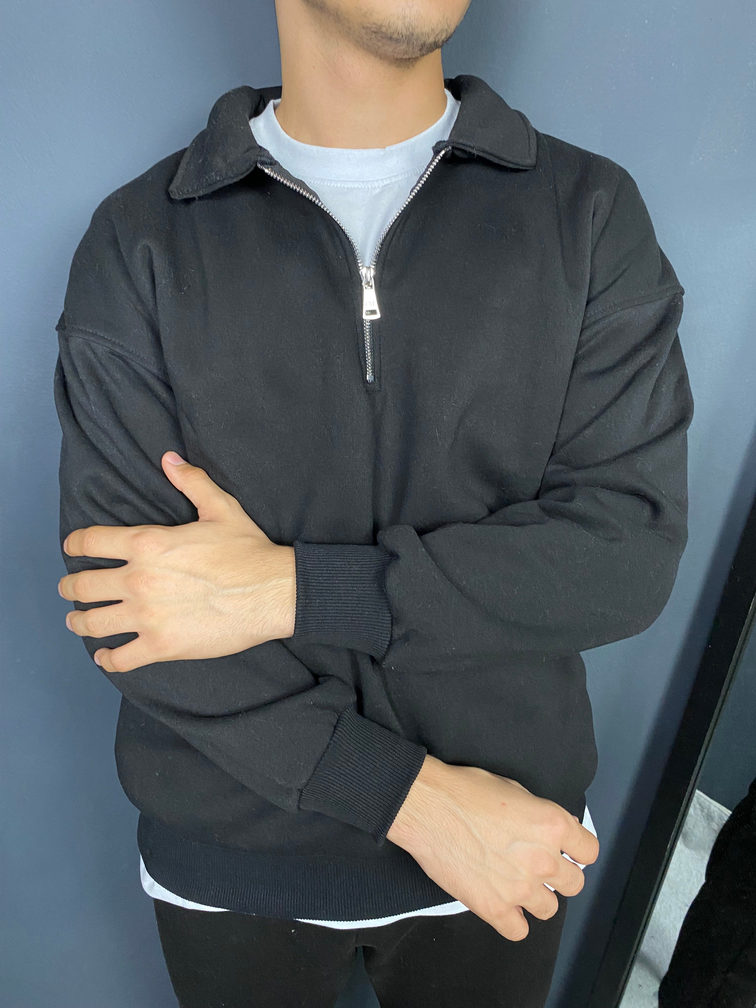 Unisex 3 İplik Yarım Fermuarlı Sweat Siyah