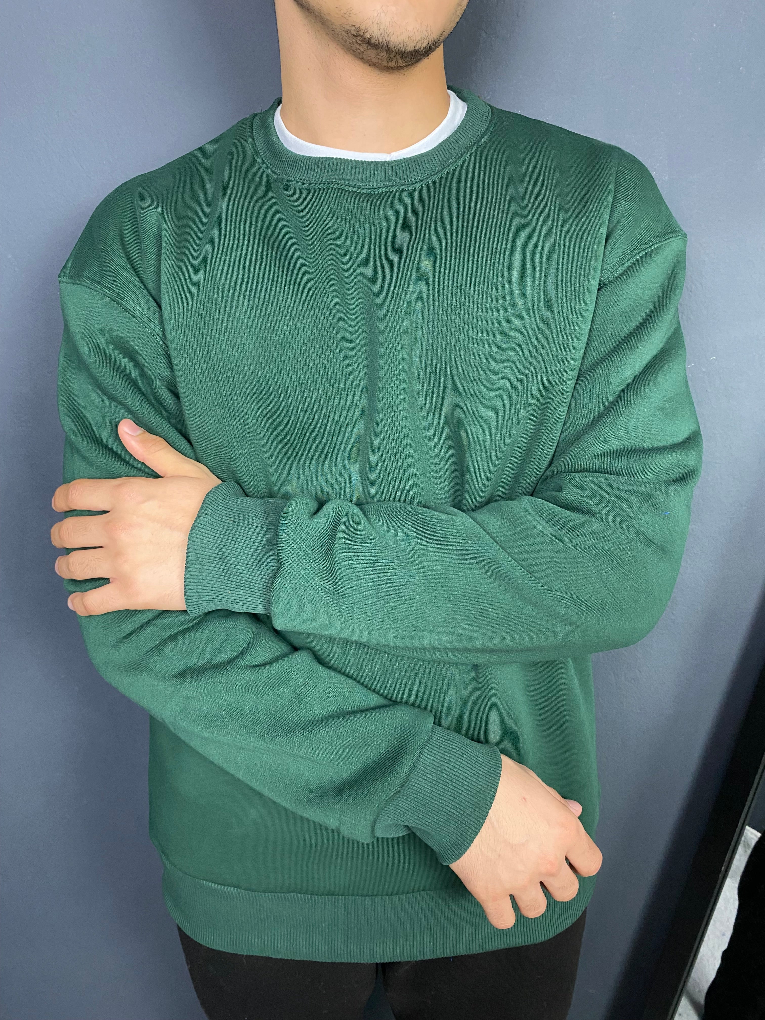 Unisex 3 İplik Bisiklet Yaka Haki