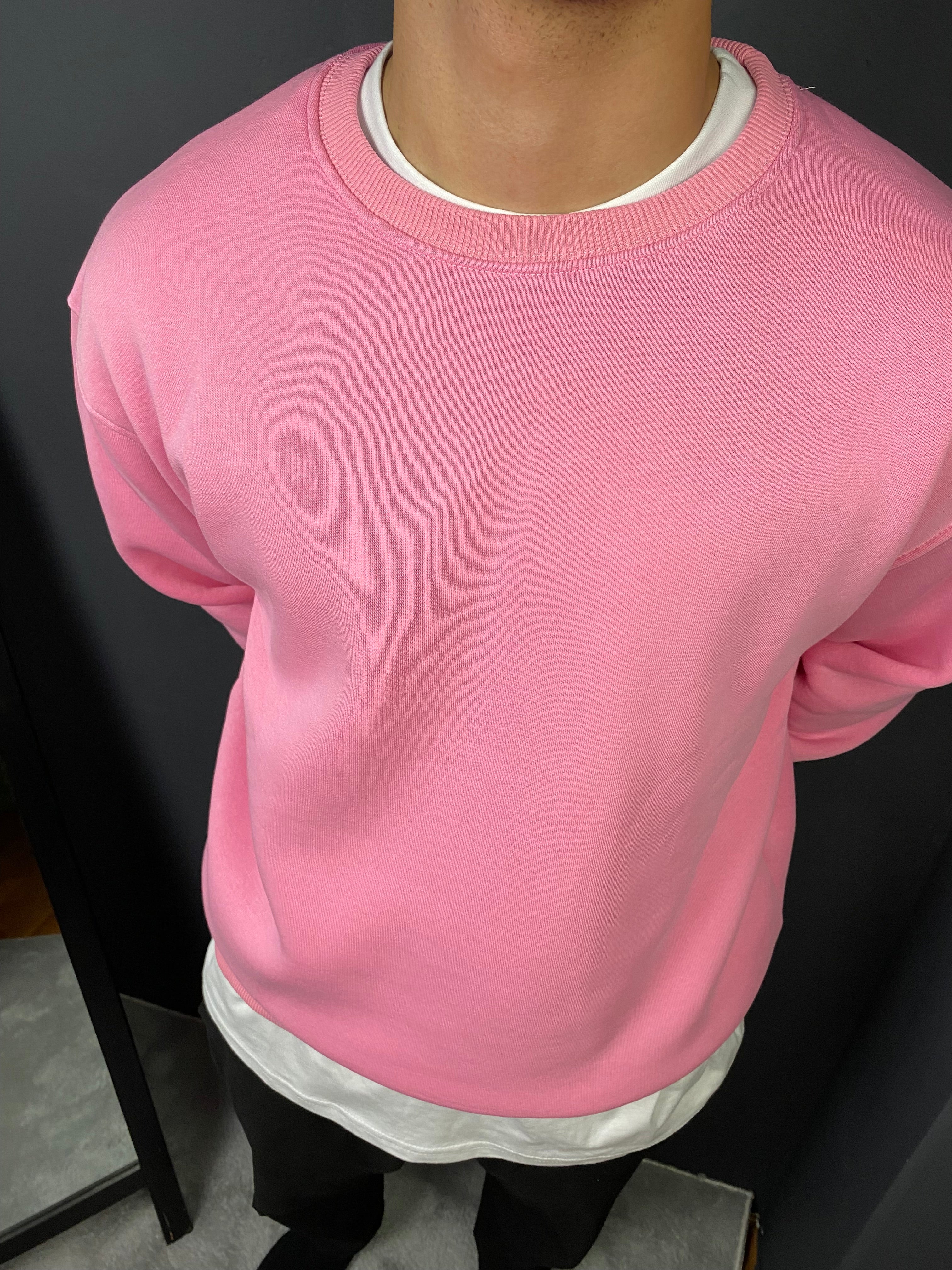 Unisex 3 İplik Bisiklet Yaka Pembe